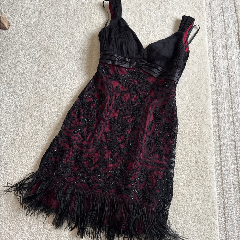 Sue Wong Black and Red Midi Dress